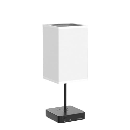 Alimentata Touch Control Bedside Table Lamp with USB C & USB A Charging Port and 2 AC Outlet. Minimalist LED Desk Night Light with Charger Base White Fabric Shade for Bed Room/Nightstand/Office
