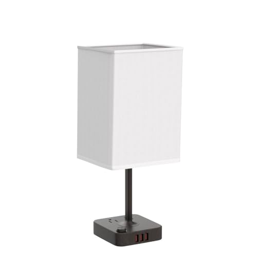COZOO USB Bedside Table Desk Lamp with 3 USB Charging Ports and 2 AC Outlets. Dimmable Nightstand Lamp with Charger Base. White Fabric Shade. LED Light for Bedroom/Nightstand/Living Room