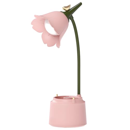 DLHONORV Cute LED Desk Lamp Kawaii Desk Accessories. Flower Bird Table lamp USB Rechargeable. 3 Color Modes. Stepless Dimming. Touch-Sensitive Switch Kawaii Room Decor Lamp. Reading Lamp (Pink)