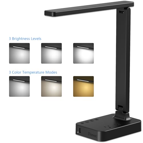 Drevet LED Desk Table Lamp with 1 USB Charging Port and 2 AC Power Outlet. 3 Color Model. 3 Level Brightness. Touch Dimmer Control.1h Timer. Memory Function.Eye-Caring Office Foldable Lamp.Night Light