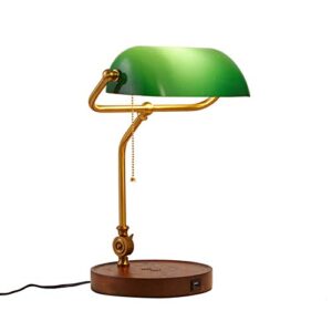 Hsyile KU300237 Rope Switch Retro Table Lamp with USB Charging Ports. with Green Retro Glass Lamp Shade for Living Room Bedroom.Bulb Included