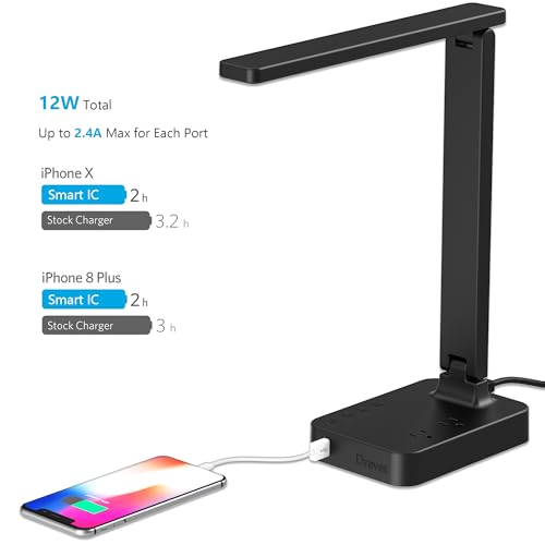 Drevet LED Desk Table Lamp with 1 USB Charging Port and 2 AC Power Outlet. 3 Color Model. 3 Level Brightness. Touch Dimmer Control.1h Timer. Memory Function.Eye-Caring Office Foldable Lamp.Night Light