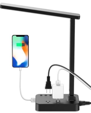 Drevet LED Desk Table Lamp with 1 USB Charging Port and 2 AC Power Outlet. 3 Color Model. 3 Level Brightness. Touch Dimmer Control.1h Timer. Memory Function.Eye-Caring Office Foldable Lamp.Night Light