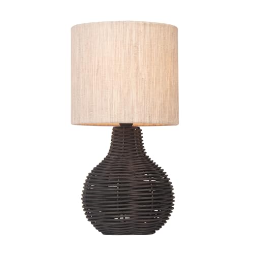 JCPYIUL Rattan Table Lamp. Small Wicker Table Lamp with Linen Lamp Shade. Vintage Rattan Bedside Lamp Desk Lamp for Bedroom Living Room Desk Room(Black)