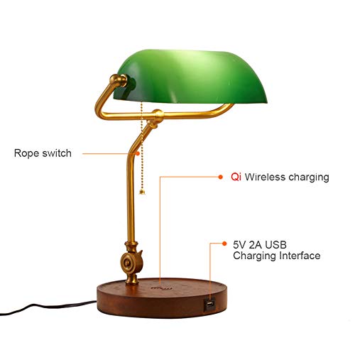 Hsyile KU300237 Rope Switch Retro Table Lamp with USB Charging Ports. with Green Retro Glass Lamp Shade for Living Room Bedroom.Bulb Included