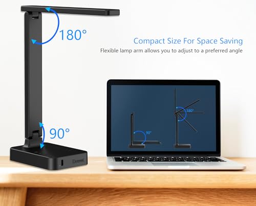 Drevet LED Desk Table Lamp with 1 USB Charging Port and 2 AC Power Outlet. 3 Color Model. 3 Level Brightness. Touch Dimmer Control.1h Timer. Memory Function.Eye-Caring Office Foldable Lamp.Night Light