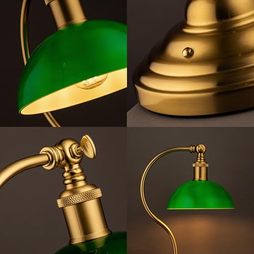 O'Bright Bankers - Cordless LED Table Lamp. Battery-Operated. Rechargeable. 3-Level Dimming. Universal USB-C Charging. 180° Swivel Head. Classic Green Glass Shade. Antique Brass