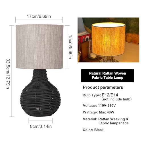 JCPYIUL Rattan Table Lamp. Small Wicker Table Lamp with Linen Lamp Shade. Vintage Rattan Bedside Lamp Desk Lamp for Bedroom Living Room Desk Room(Black)