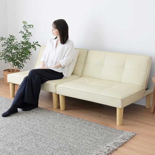 Yamazen SSB-175(IV) Sofa Bed. Reclining. 2 Seaters. Natural Wood. Width 68.9 x Depth 32.4 x Height 13.5 inches. Ivory Faux Leather