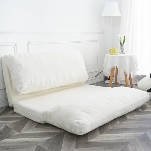 N&V Folding Matress Sofa Bean Bag. Foam Filling Folding Matress Sofa. Includes Removable and Machine Washable Cover. Soft Faux Fur (White)