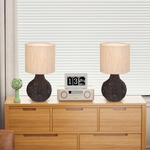 JCPYIUL Rattan Table Lamp. Small Wicker Table Lamp with Linen Lamp Shade. Vintage Rattan Bedside Lamp Desk Lamp for Bedroom Living Room Desk Room(Black)
