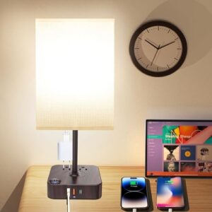 COZOO USB Bedside Table Desk Lamp with 3 USB Charging Ports and 2 AC Outlets. Dimmable Nightstand Lamp with Charger Base. White Fabric Shade. LED Light for Bedroom/Nightstand/Living Room