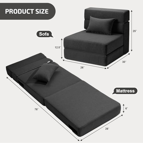 SUYOLS Folding Sofa Bed with Pillow- Convertible Chair Floor Couch & Sleeping Mattress. Foldable Memory Foam Sleeper for Living Room/Dorm/Guest Room/Home Office/Apartment/Loft. Single26. Dark Gray