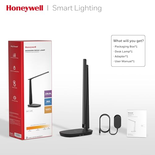 Honeywell Sunturalux™ LED Desk Lamp Dimmable Desk Light with USB A+C Dual Charging Port Eye-Caring Foldable Table Lamp with 4 Color Modes for Home Office Bedroom Reading Study Work HWT-H2B Black