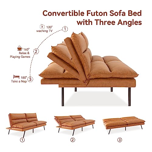 Opoiar Convertible Armless Futon Sofa Bed.3'' Memory Foam Modern Loveseat Couch.71'' L Sleeper Bed.Small Splitback Faux Leather for Living Room.Home Office.Apartment.Brown.534brown