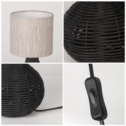 JCPYIUL Rattan Table Lamp. Small Wicker Table Lamp with Linen Lamp Shade. Vintage Rattan Bedside Lamp Desk Lamp for Bedroom Living Room Desk Room(Black)