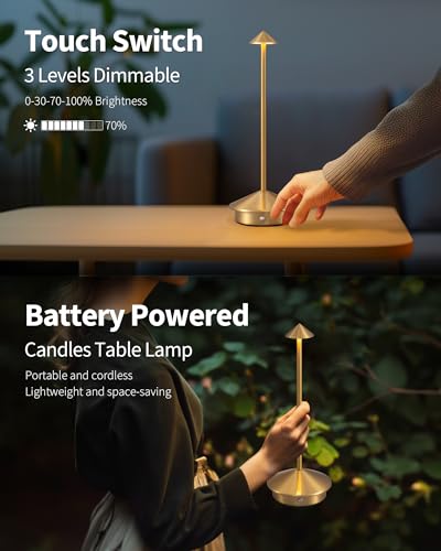 NEWSEE Modern Cordless Table Lamp Set of 2. Portable LED Desk Lamps. 5000mAh Rechargeable Battery Operated Lighting for Bedroom Dining Room Restaurant Coffee Shop Camping Night Light (Gold)
