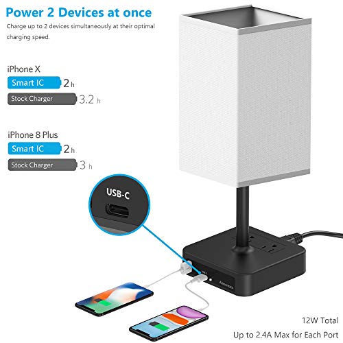 Alimentata Touch Control Bedside Table Lamp with USB C & USB A Charging Port and 2 AC Outlet. Minimalist LED Desk Night Light with Charger Base White Fabric Shade for Bed Room/Nightstand/Office