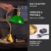 O'Bright Bankers - Cordless LED Table Lamp. Battery-Operated. Rechargeable. 3-Level Dimming. Universal USB-C Charging. 180° Swivel Head. Classic Green Glass Shade. Antique Brass