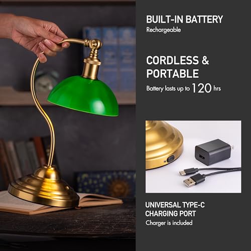 O'Bright Bankers - Cordless LED Table Lamp. Battery-Operated. Rechargeable. 3-Level Dimming. Universal USB-C Charging. 180° Swivel Head. Classic Green Glass Shade. Antique Brass