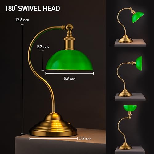 O'Bright Bankers - Cordless LED Table Lamp. Battery-Operated. Rechargeable. 3-Level Dimming. Universal USB-C Charging. 180° Swivel Head. Classic Green Glass Shade. Antique Brass
