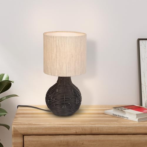 JCPYIUL Rattan Table Lamp. Small Wicker Table Lamp with Linen Lamp Shade. Vintage Rattan Bedside Lamp Desk Lamp for Bedroom Living Room Desk Room(Black)
