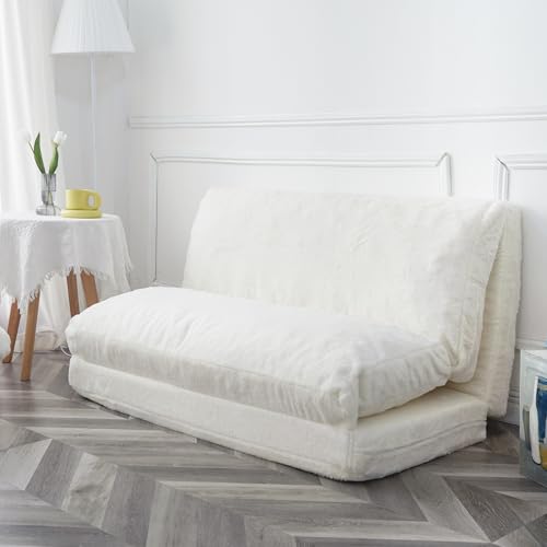 N&V Folding Matress Sofa Bean Bag. Foam Filling Folding Matress Sofa. Includes Removable and Machine Washable Cover. Soft Faux Fur (White)