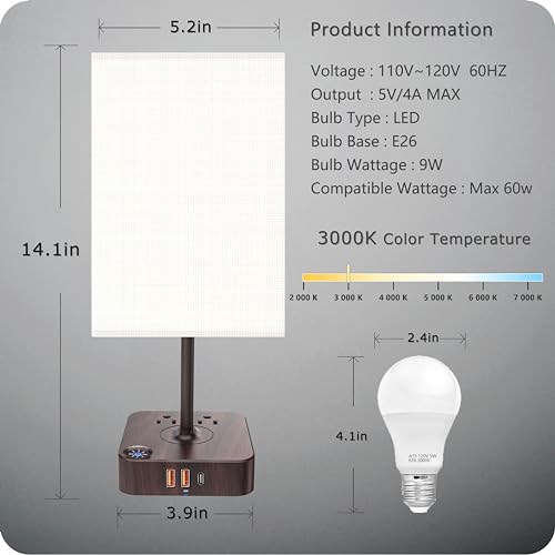 COZOO USB Bedside Table Desk Lamp with 3 USB Charging Ports and 2 AC Outlets. Dimmable Nightstand Lamp with Charger Base. White Fabric Shade. LED Light for Bedroom/Nightstand/Living Room