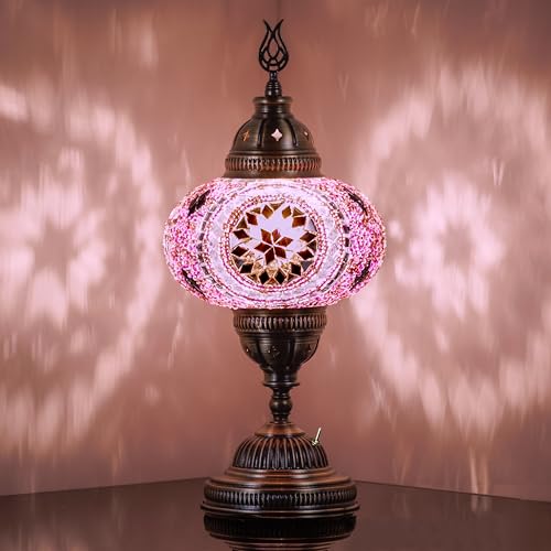 DEMMEX Battery Operated Mosaic Table Lamp with Big Size Globe and Built-in LED Bulb. Turkish Moroccan Colorful Mosaics Exotic Table Desk Bedside Night Lamp Light Lampshade. Handmade (Lilac Purple)