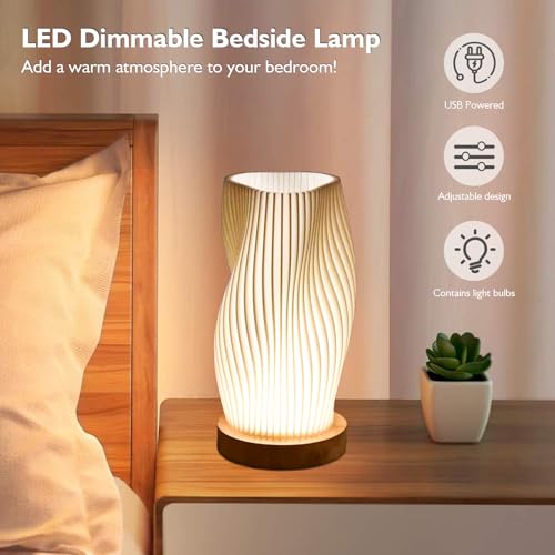 Focenat Bedside Lamp with Wooden Base. 9-Level Dimmable Bedside Lamp. Table Lamp Minimalist with PLA Lampshade. Small Table Lamp with Cable. for Bedroom. Bedside Table. Living Room