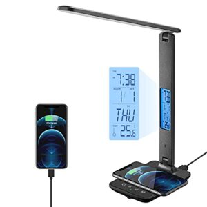poukaran LED Desk Lamp with Wireless Charger. USB Charging Port. Table Lamp with Clock. Alarm. Date. Temperature. Desk Lamps for Home Office.Black