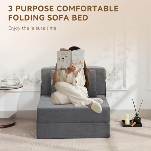 WUTUTUEE Folding Sofa Bed Convertible Floor Couch Foldable Chair Bed with Pillow.Linen Sleeper Chair Futon.Foldable Memory Foam Mattress for Bedroom/Living Room/Dorm/Office (Dark Grey. Single)