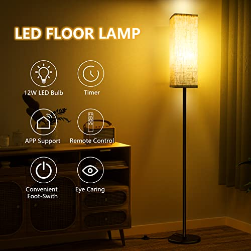 CRLL Floor Lamp for Living Room. Bedroom. Office. Modern Floor Lamps with Remote Control & Foot Switch. 2700 K - 6500 K Continuously Dimmable Reading Lamp with Linen Shade. Floor Lamp with Night Light