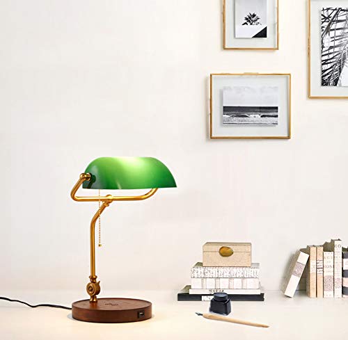 Hsyile KU300237 Rope Switch Retro Table Lamp with USB Charging Ports. with Green Retro Glass Lamp Shade for Living Room Bedroom.Bulb Included