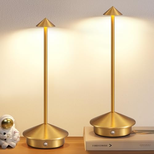 NEWSEE Modern Cordless Table Lamp Set of 2. Portable LED Desk Lamps. 5000mAh Rechargeable Battery Operated Lighting for Bedroom Dining Room Restaurant Coffee Shop Camping Night Light (Gold)