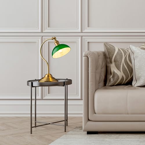 O'Bright Bankers - Cordless LED Table Lamp. Battery-Operated. Rechargeable. 3-Level Dimming. Universal USB-C Charging. 180° Swivel Head. Classic Green Glass Shade. Antique Brass