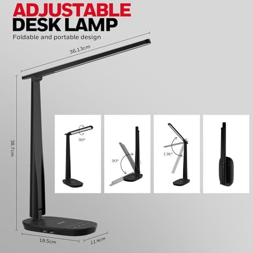 Honeywell Sunturalux™ LED Desk Lamp Dimmable Desk Light with USB A+C Dual Charging Port Eye-Caring Foldable Table Lamp with 4 Color Modes for Home Office Bedroom Reading Study Work HWT-H2B Black