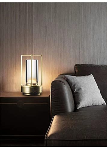 Portable Metal Table Lamp for Indoor/Outdoor .Rechargeable Cordless LED Lamp. 3-Colour Infinitely Dimming Battery Powered Small Desk Lamp. Restaurant/Bedroom/Bar/Coffee Shop/Camping Light (Gold)