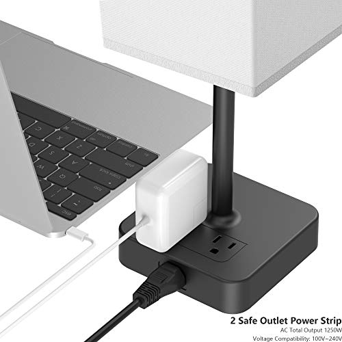 Alimentata Touch Control Bedside Table Lamp with USB C & USB A Charging Port and 2 AC Outlet. Minimalist LED Desk Night Light with Charger Base White Fabric Shade for Bed Room/Nightstand/Office