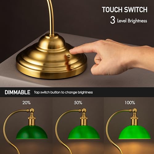 O'Bright Bankers - Cordless LED Table Lamp. Battery-Operated. Rechargeable. 3-Level Dimming. Universal USB-C Charging. 180° Swivel Head. Classic Green Glass Shade. Antique Brass
