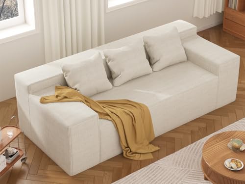 Modern 3-Seater Sofa. Hybrid Sofa in a Box. No Assembly Required. Comfy Sofa Couch with 3 Matching Pillows. Cat-Scratch Resistant Linen. Couch for Living Room or Bedroom. Beige