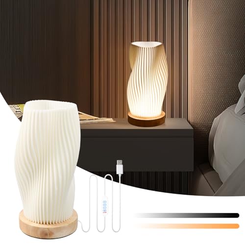 Focenat Bedside Lamp with Wooden Base. 9-Level Dimmable Bedside Lamp. Table Lamp Minimalist with PLA Lampshade. Small Table Lamp with Cable. for Bedroom. Bedside Table. Living Room