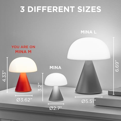Lexon Mina M Mushroom Lamp - Portable Bedside Light for Bedrooms. Kids & Nursery - 9 LED Color Rechargeable Table Lamp with 24h Light & Dimmer. Medium - Alu Poli