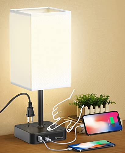 Alimentata Touch Control Bedside Table Lamp with USB C & USB A Charging Port and 2 AC Outlet. Minimalist LED Desk Night Light with Charger Base White Fabric Shade for Bed Room/Nightstand/Office