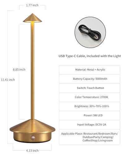 NEWSEE Modern Cordless Table Lamp Set of 2. Portable LED Desk Lamps. 5000mAh Rechargeable Battery Operated Lighting for Bedroom Dining Room Restaurant Coffee Shop Camping Night Light (Gold)