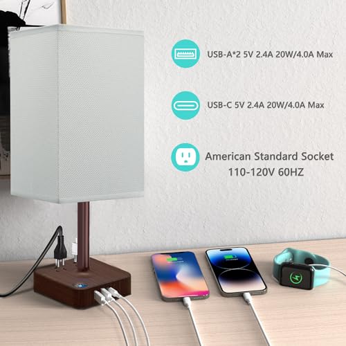 COZOO USB Bedside Table Desk Lamp with 3 USB Charging Ports and 2 AC Outlets. Dimmable Nightstand Lamp with Charger Base. White Fabric Shade. LED Light for Bedroom/Nightstand/Living Room