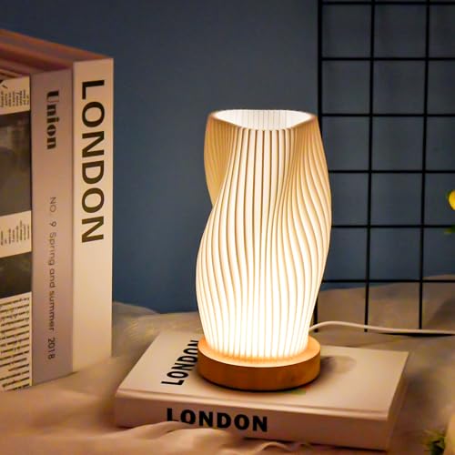 Focenat Bedside Lamp with Wooden Base. 9-Level Dimmable Bedside Lamp. Table Lamp Minimalist with PLA Lampshade. Small Table Lamp with Cable. for Bedroom. Bedside Table. Living Room