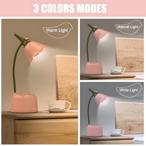 DLHONORV Cute LED Desk Lamp Kawaii Desk Accessories. Flower Bird Table lamp USB Rechargeable. 3 Color Modes. Stepless Dimming. Touch-Sensitive Switch Kawaii Room Decor Lamp. Reading Lamp (Pink)