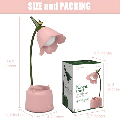 DLHONORV Cute LED Desk Lamp Kawaii Desk Accessories. Flower Bird Table lamp USB Rechargeable. 3 Color Modes. Stepless Dimming. Touch-Sensitive Switch Kawaii Room Decor Lamp. Reading Lamp (Pink)