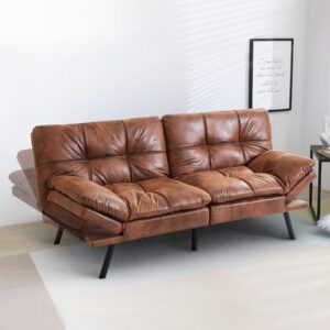 Hcore Convertible Futon Sofa Bed Brwon PU Memory Foam Loveseat.Small Euro Lounger Sofa for Compact Living Spaces.Apartment.Dorm.Studio.Guest Room.Home Office